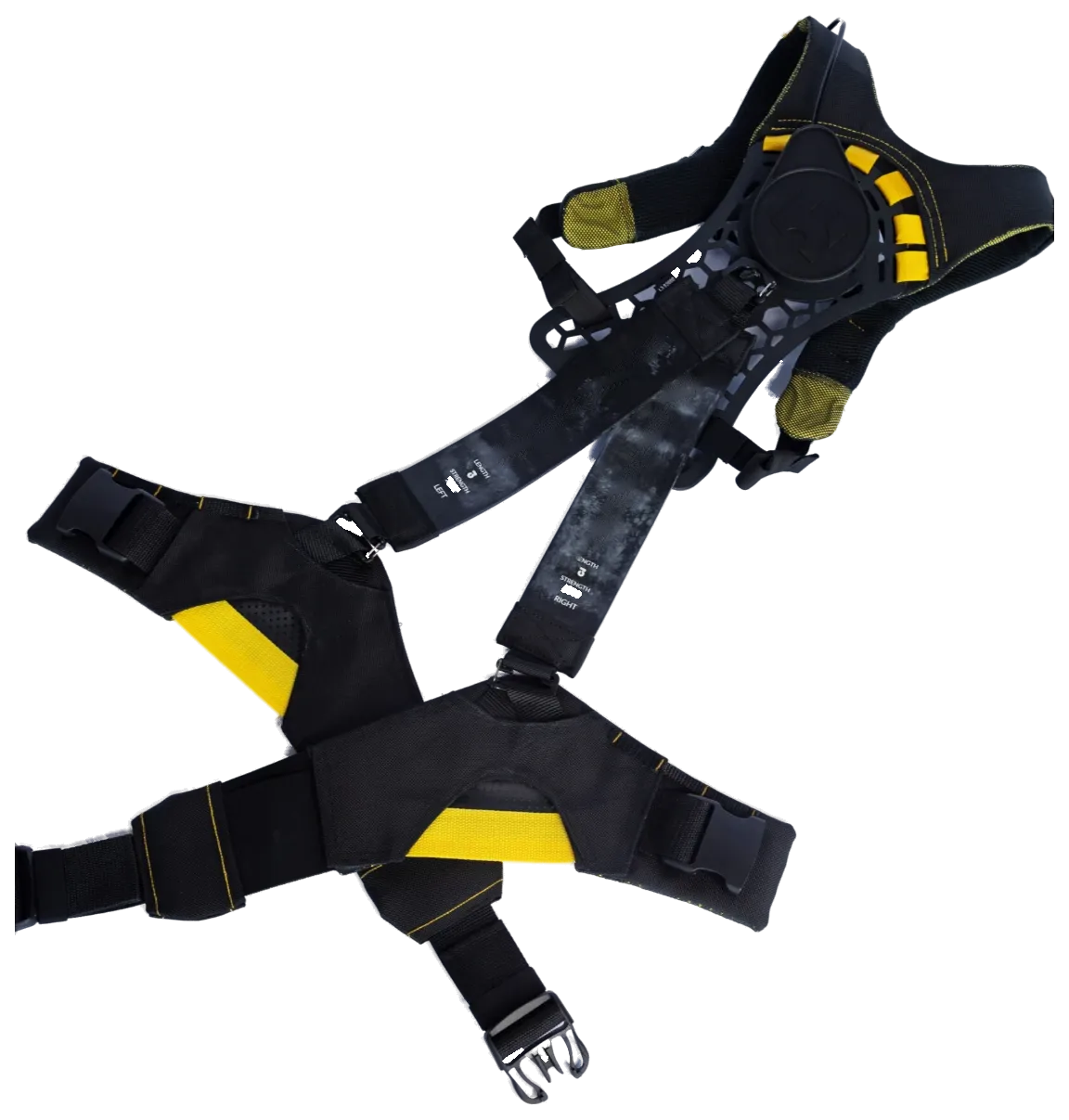 The Apex 2 harness laid flat, showing the shoulder yokes, the back unit and the yellow elastic bands